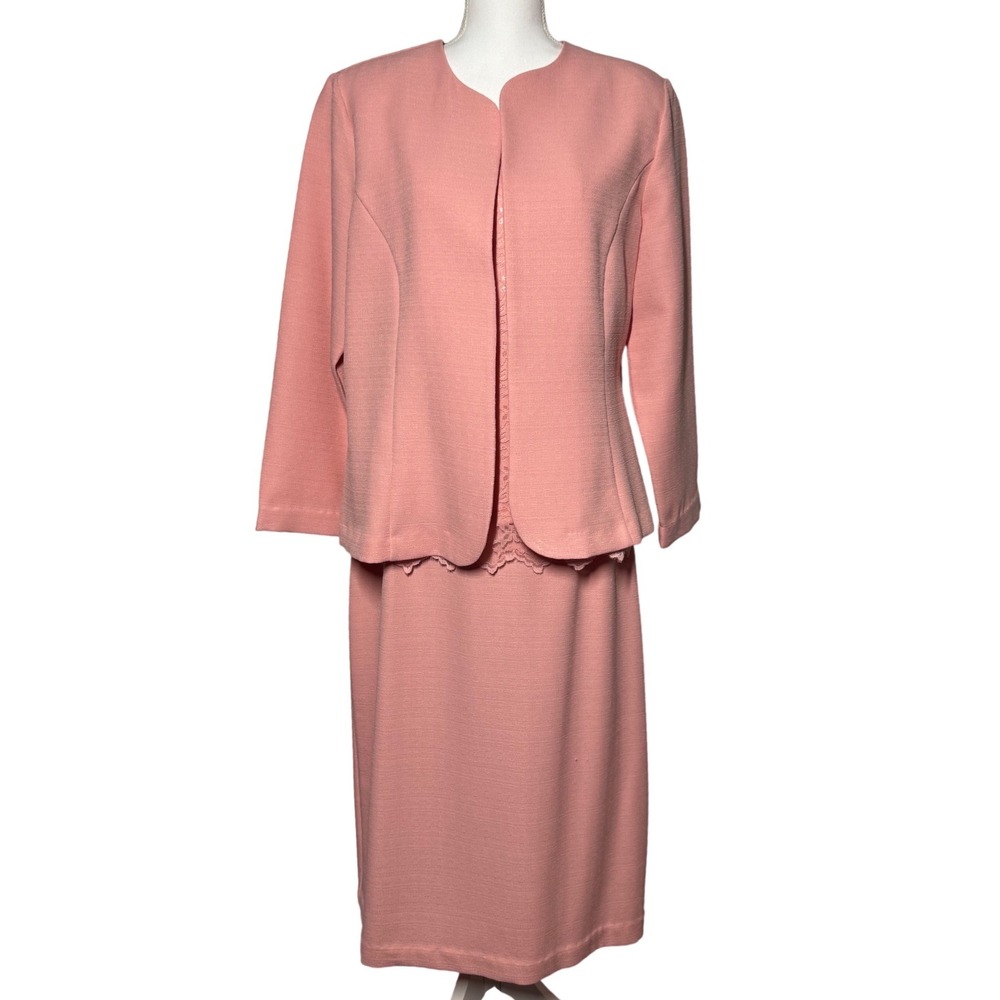 BFA Classics 3-Piece Skirt Suit 16 Pink Lace Blouse Jacket Midi Skirt Excellent